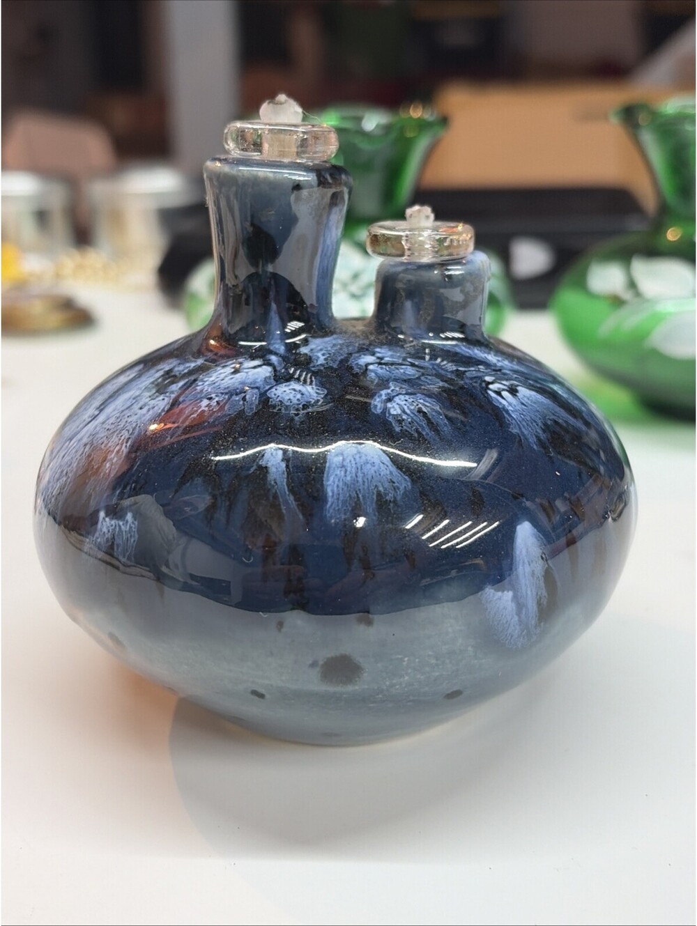 Signed Latterman Studio Art Pottery Double Wick Candle Oil Burner Vase